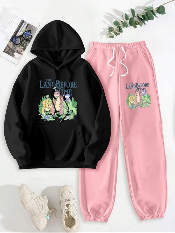 Women's Cartoon Dinosaur Print Drop Shoulder Hoodie & Drawstring Waist Sweatpants Two-piece Set, Fashion Casual Hooded Sweatshirt & Pocket Trousers for Daily Outdoor Wear, Women Clothes for Fall & Winter