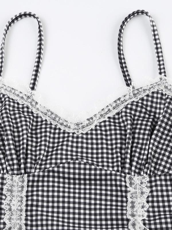 Women's Gingham Print Contrast Lace Crop Cami Top, Casual Spaghetti Strap Top for Summer, Ladies Clothes for Daily Wear