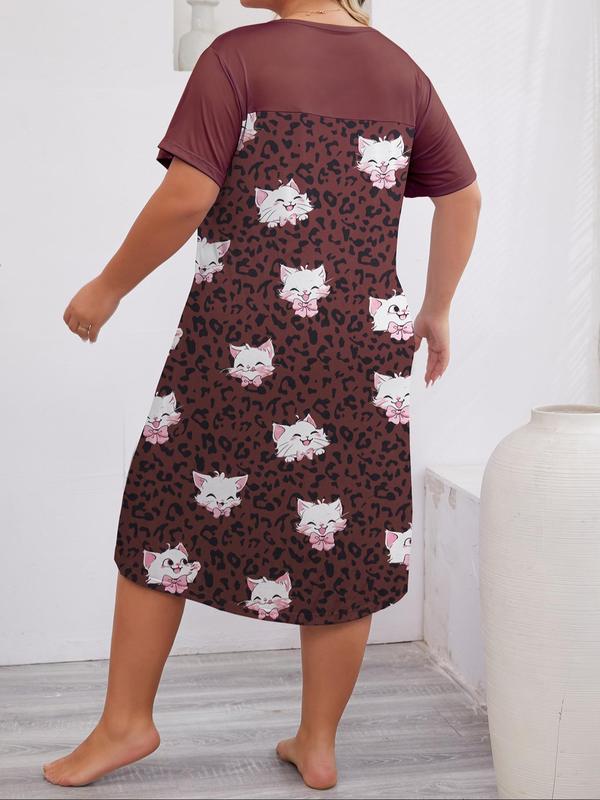 Plus Size All Over Print Round Neck Nightdress, Casual Soft Comfortable Short Sleeve Nightgown, Women's Sleepwear for Summer