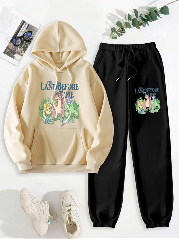 Women's Cartoon Dinosaur Print Drop Shoulder Hoodie & Drawstring Waist Sweatpants Two-piece Set, Fashion Casual Hooded Sweatshirt & Pocket Trousers for Daily Outdoor Wear, Women Clothes for Fall & Winter