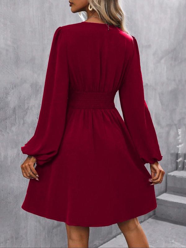 Women's Plain Ruched Wrap V Neck A Line Dress, Elegant Bishop Sleeve Short Dress for Spring & Fall, Women's Clothing for Daily Wear