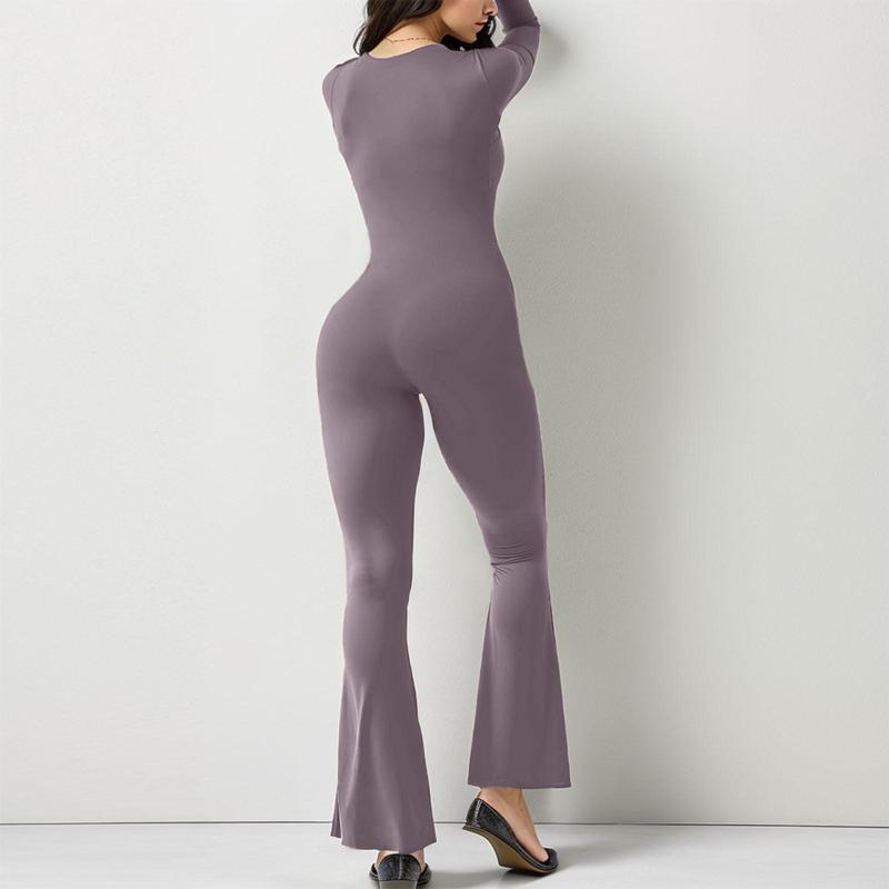 Women's long-sleeved tummy-control waist-lifting hip-lifting square neck wide-leg high-elastic jumpsuit