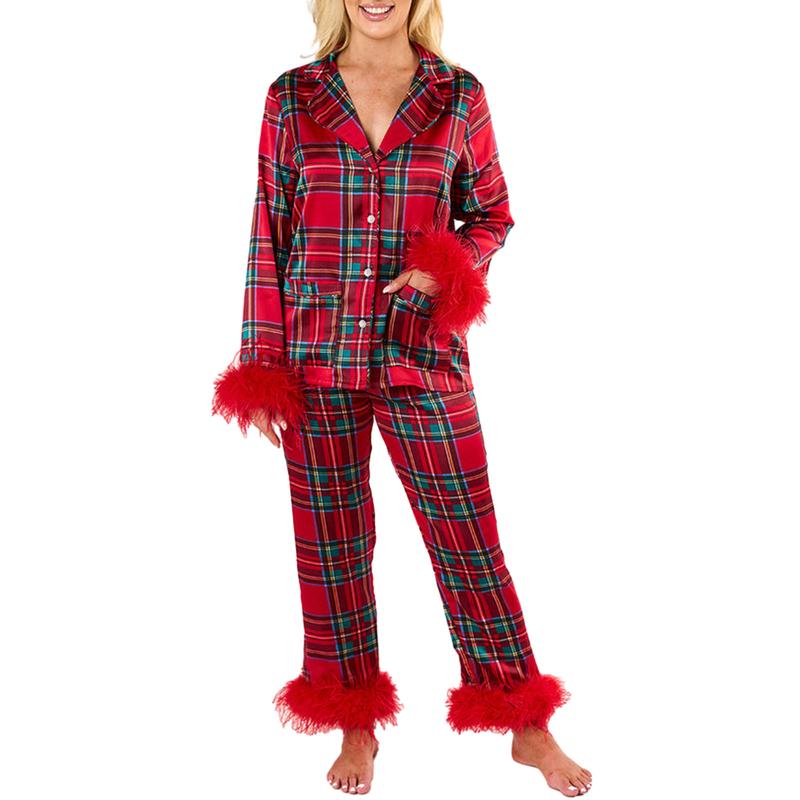 Christmas Mommy and Me Pajamas Set Feather Trim Long Sleeve Matching Xmas Pj Mother Daughter Loungewear Nightwear