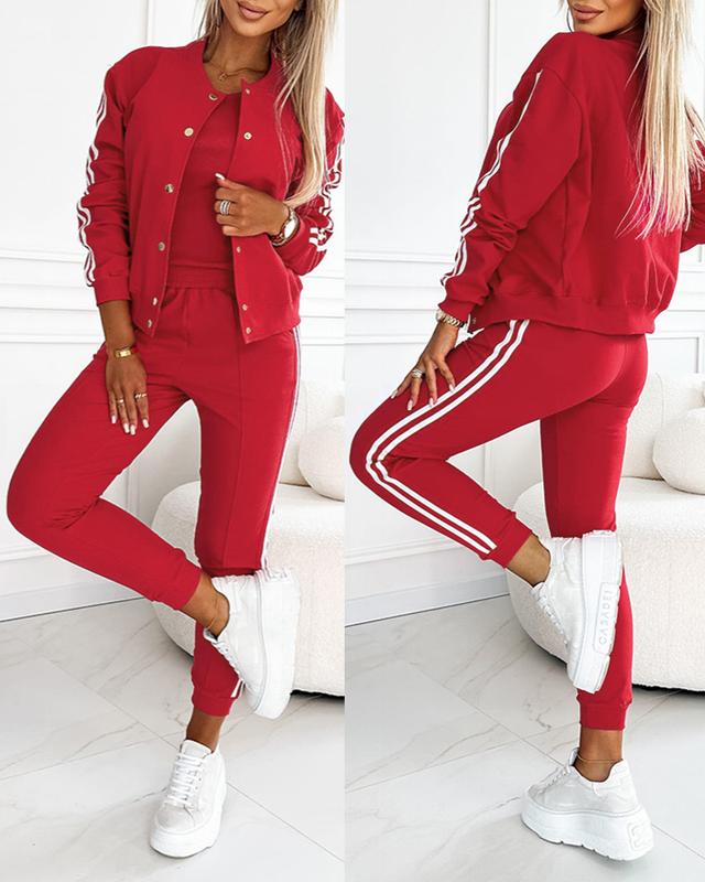 ChicMe Women's 3 Piece Outfits Matching Sets Striped Tape Patch Tank Tops Button Front Jacket Cuffed Pants with Pockets Tracksuit Comfort Womenswear