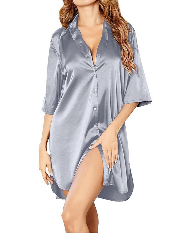 Women's Solid Button Front Split Hem Satin Nightdress, Casual Comfortable Drop Shoulder Nightgown, Ladies Sleepwear for All Seasons