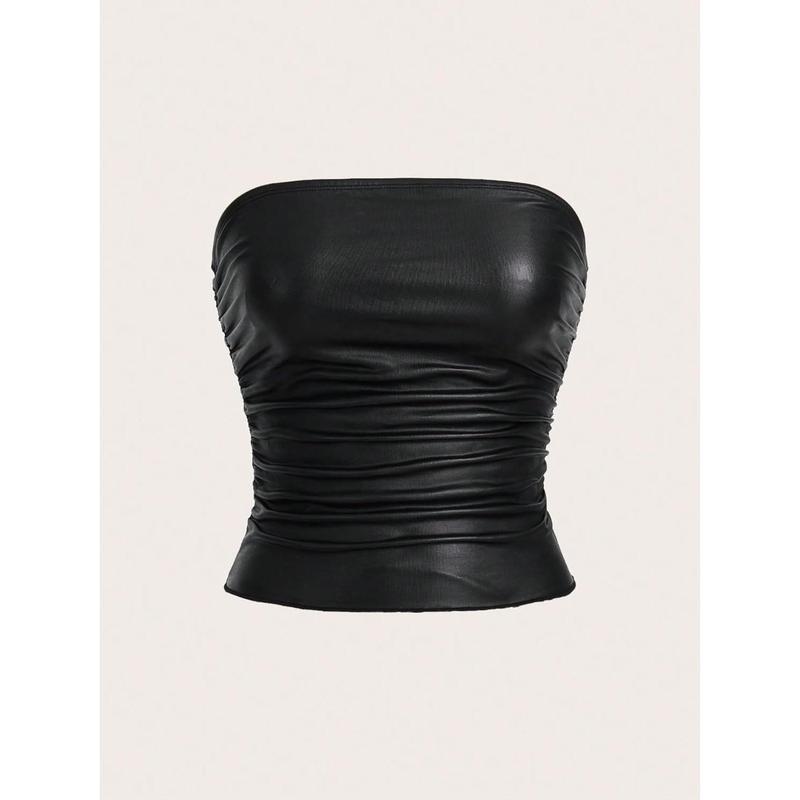 PU Leather Ruched Tube Top Strapless Party Clubwear Tops Going Out StreetwearY2K