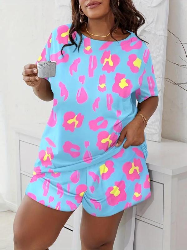 Two Counts All Over Print Drop Shoulder Shortsleeve Tee & Wide Leg Shorts PJ Cute Nightwear Loungewear Set, Summer Clothes Women, Casual Comfy Round Neck Short Sleeve T-Shirt & Shorts Pajama Set, Summer Wear 2024, Womenswear Pajamas