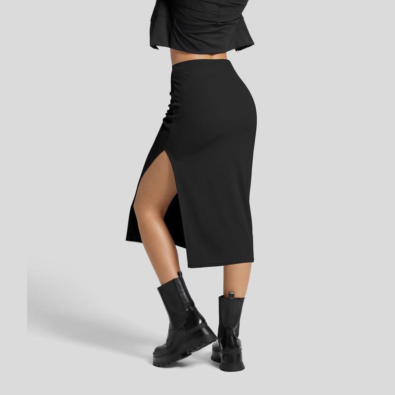 Ribbed High Waisted Split Bodycon Midi Casual Skirt