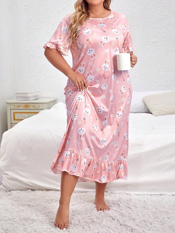 Plus size rabbit printed loose fitting dress, cute and sexy women's pajamas, comfortable and casual short sleeved ruffled edge pajamas, suitable for daily home wear, 2024 summer clothing, plus size clothing