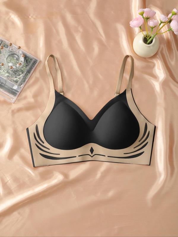 Women's Colorblock Print Wireless Push Up Bra, Adjustable Strap Lingerie Top, Soft Comfortable Breathable Lingerie for Daily Wear