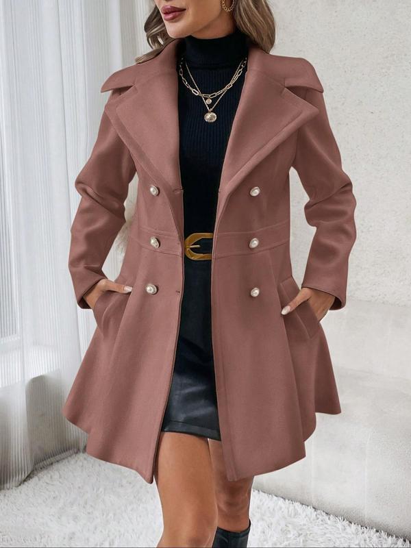 Coolcool Exclusive Coat Women's Solid Double Button Pocket Overcoat,  Winter Wear, Casual Long Sleeve Lapel Neck Outerwear for Fall & Winter, Trendy Fall Wear 2024, Women's Party Clothes for Daily Wear