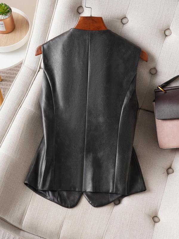 Women's Solid Button Front V Neck Vest, Casual Fashion PU Leather Waistcoat for Daily Outdoor Wear, Women Clothing for Fall & Winter