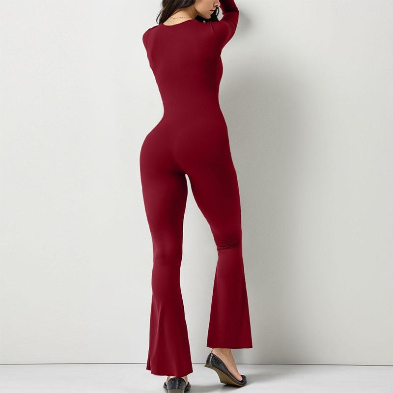 Women's long-sleeved tummy-control waist-lifting hip-lifting square neck wide-leg high-elastic jumpsuit