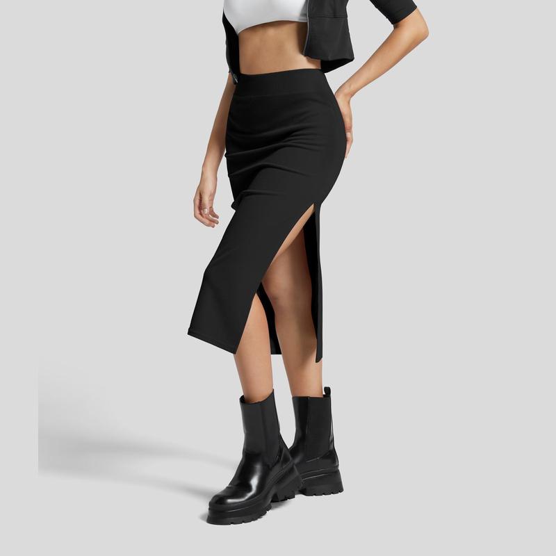 Ribbed High Waisted Split Bodycon Midi Casual Skirt