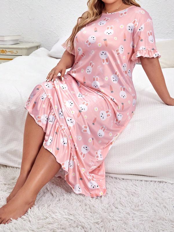 Plus size rabbit printed loose fitting dress, cute and sexy women's pajamas, comfortable and casual short sleeved ruffled edge pajamas, suitable for daily home wear, 2024 summer clothing, plus size clothing