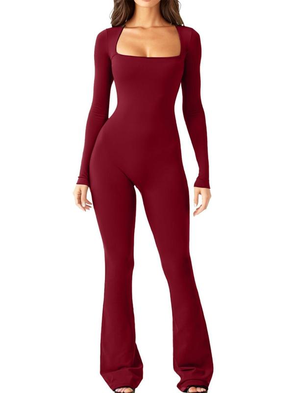 Women's long-sleeved tummy-control waist-lifting hip-lifting square neck wide-leg high-elastic jumpsuit