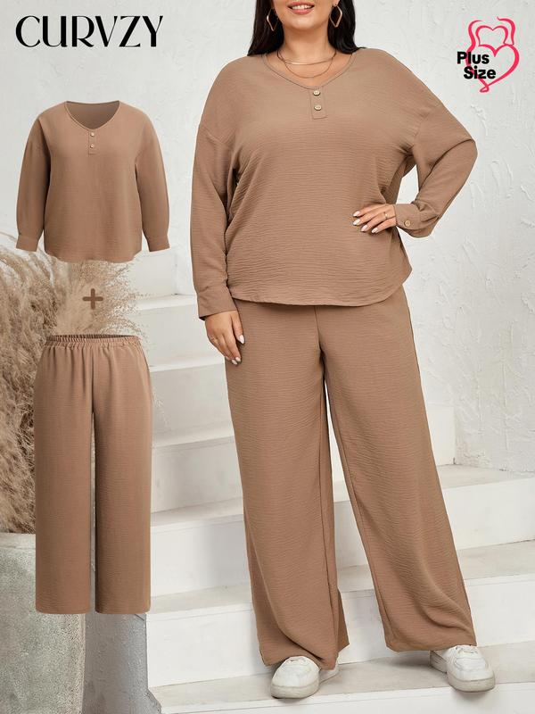 CURVZY Plus Size Two-Piece Set Solid Button Drop Shoulder Top & Pants, Casual Long Sleeve Round Neck Top & Trousers Set for Spring & Fall, Women's Clothes for Daily Wear