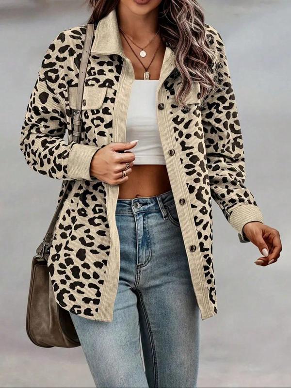 Women's Leopard Print Button Front Drop Shoulder Shirt, Casual Long Sleeve Collared Top for Fall & Winter, Women's Clothes for Daily Wear