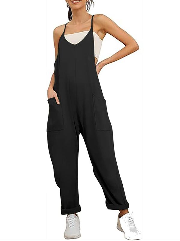 Women's Solid Pocket Cami Jumpsuit, Casual Sleeveless Jumpsuit for Summer, Women's Jumpsuit for Daily Wear