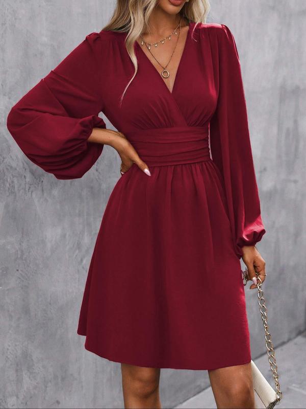 Women's Plain Ruched Wrap V Neck A Line Dress, Elegant Bishop Sleeve Short Dress for Spring & Fall, Women's Clothing for Daily Wear