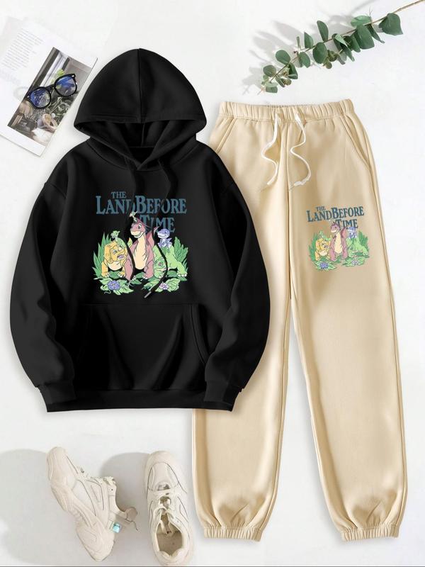 Women's Cartoon Dinosaur Print Drop Shoulder Hoodie & Drawstring Waist Sweatpants Two-piece Set, Fashion Casual Hooded Sweatshirt & Pocket Trousers for Daily Outdoor Wear, Women Clothes for Fall & Winter