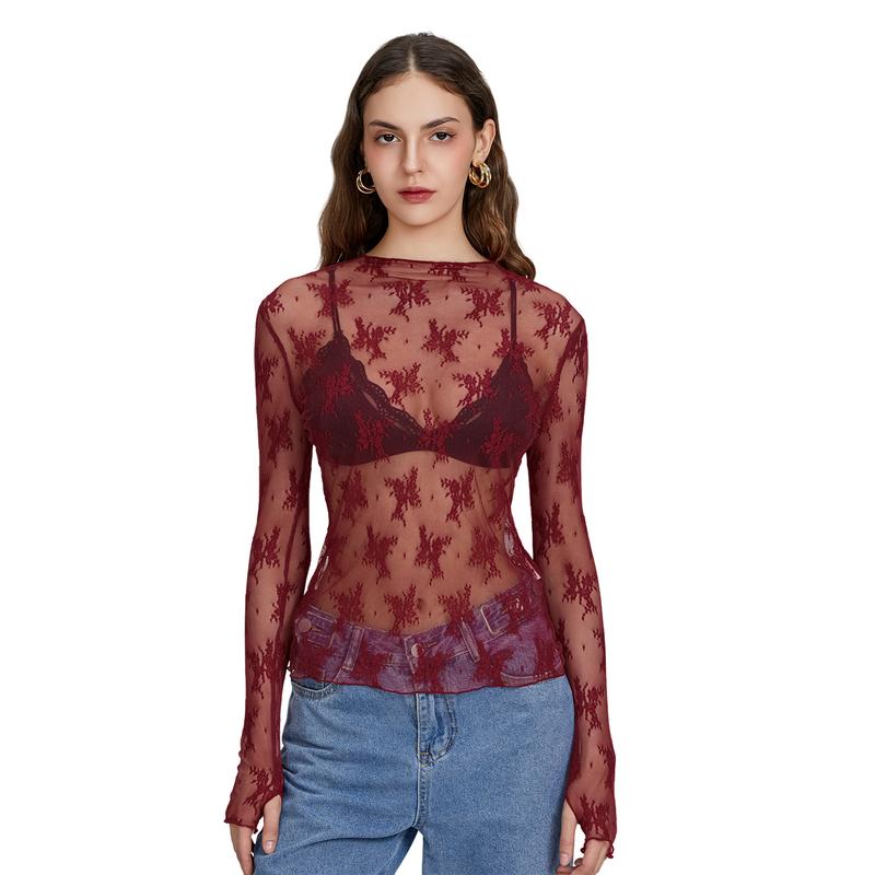 Women Long Sleeve T-Shirts Mesh See-Through Mock Neck Lace Shirts Spring FallFit Tops Streetwear Womenswear Blouse