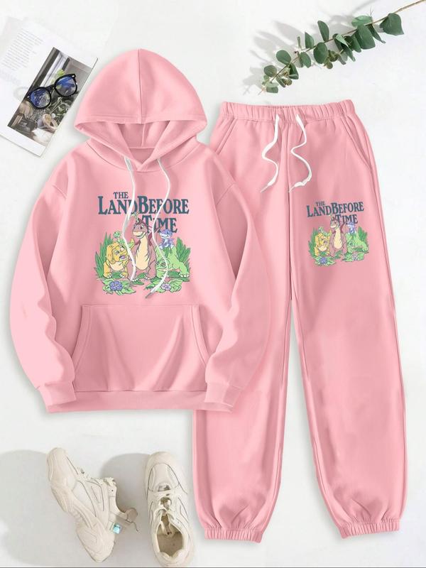 Women's Cartoon Dinosaur Print Drop Shoulder Hoodie & Drawstring Waist Sweatpants Two-piece Set, Fashion Casual Hooded Sweatshirt & Pocket Trousers for Daily Outdoor Wear, Women Clothes for Fall & Winter