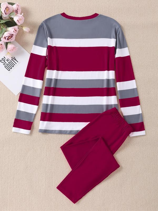 Two-piece Set Women's Letter and  Striped Print Tee & Elastic Waist Pants Set, Casual Round Neck Long Sleeve Top & Trousers, Women's Fall & Winter Clothes