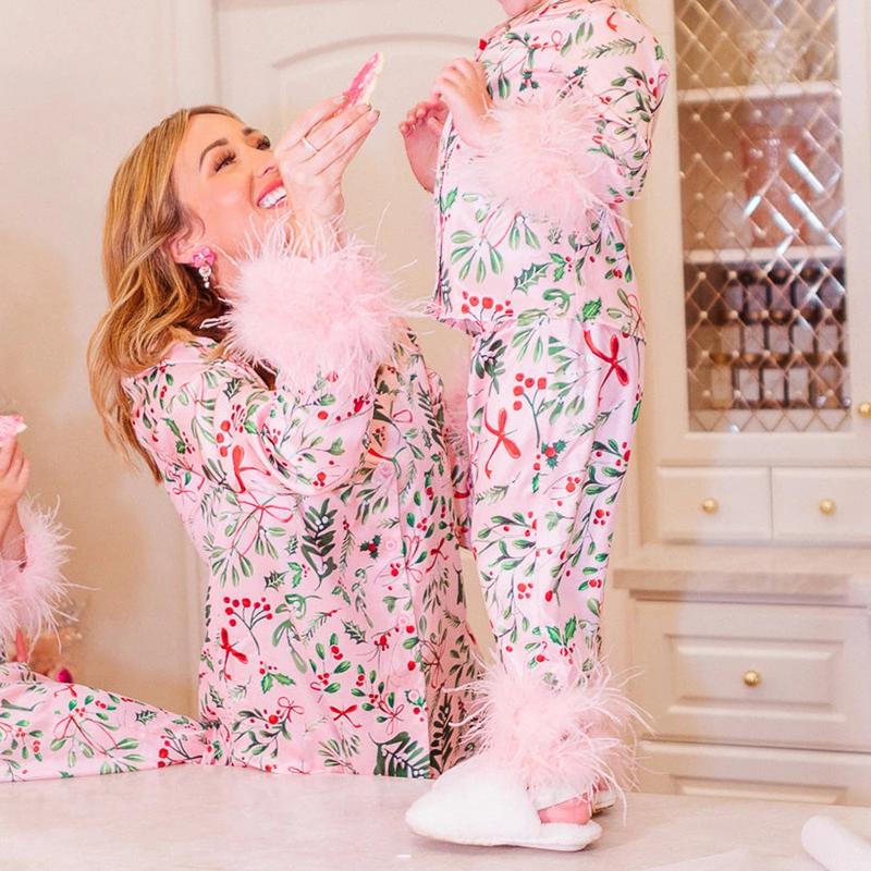 Imcute Mommy and Me Matching Pajamas Christmas Feather Trim Pajama Set 2 Piece Shirt Pants Sleep Sets for Mother Daughter