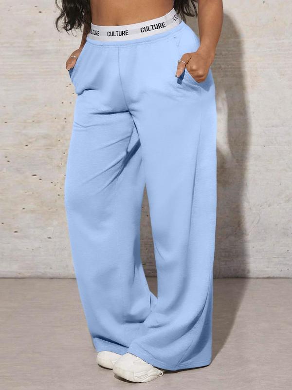 Women's Letter Tape Wide Leg Sweatpants, Casual Street Pocket Trousers for Daily Wear, Ladies Bottoms for All Seasons