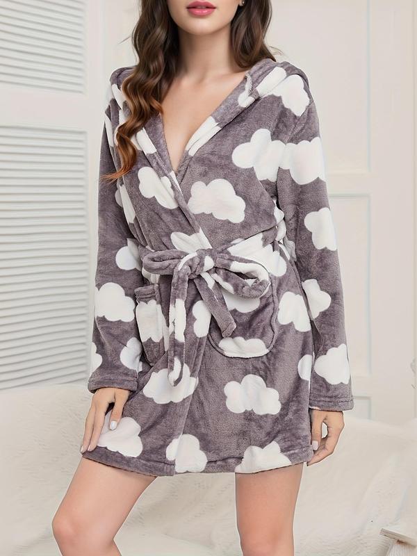 Women's Cloud Print Belted Wrap Flannel Lounge Robe, Casual Long Sleeve Pocket Hooded Robe, Women's Sleepwear for Fall & Winter