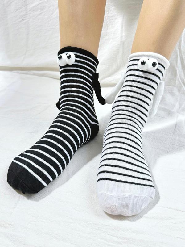 Women's Striped Print Magnetic Connection Socks, Casual Comfortable Breathable Mid-calf Socks for Daily Wear, Women's Socks for Fall & Winter