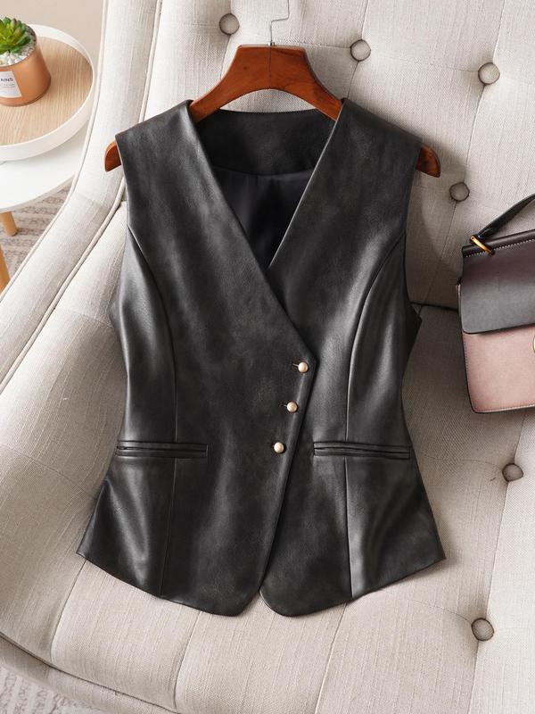 Women's Solid Button Front V Neck Vest, Casual Fashion PU Leather Waistcoat for Daily Outdoor Wear, Women Clothing for Fall & Winter