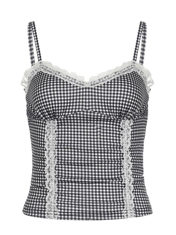 Women's Gingham Print Contrast Lace Crop Cami Top, Casual Spaghetti Strap Top for Summer, Ladies Clothes for Daily Wear