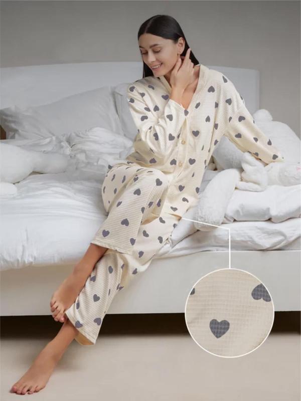 Two-Piece Set Women's Heart Print Waffle Knit Pajama, Casual Comfy Drop Shoulder Long Sleeve Shirt & Elastic Waist Pants PJ Set, Women's Sleepwear for Fall & Winter