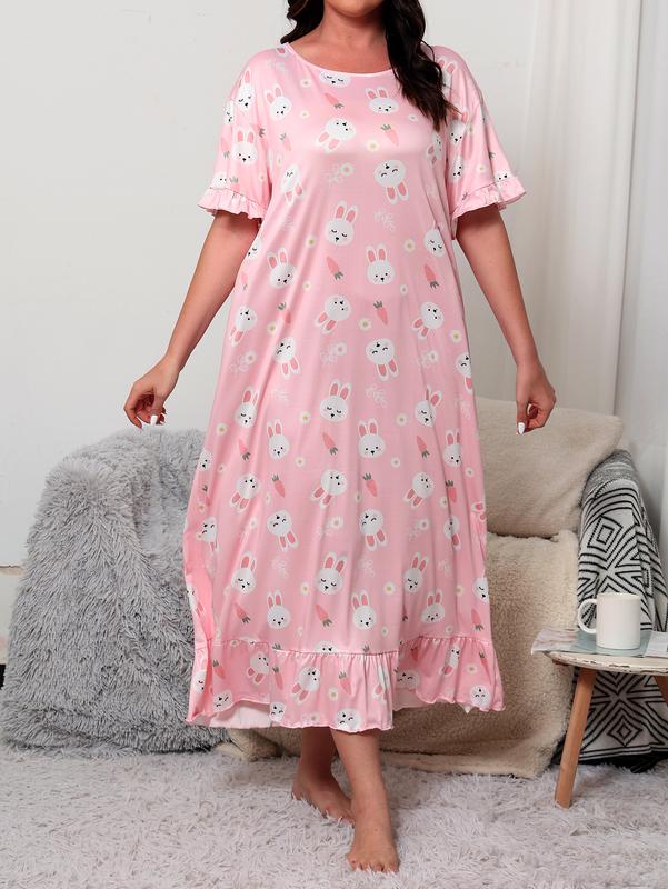 Plus size rabbit printed loose fitting dress, cute and sexy women's pajamas, comfortable and casual short sleeved ruffled edge pajamas, suitable for daily home wear, 2024 summer clothing, plus size clothing