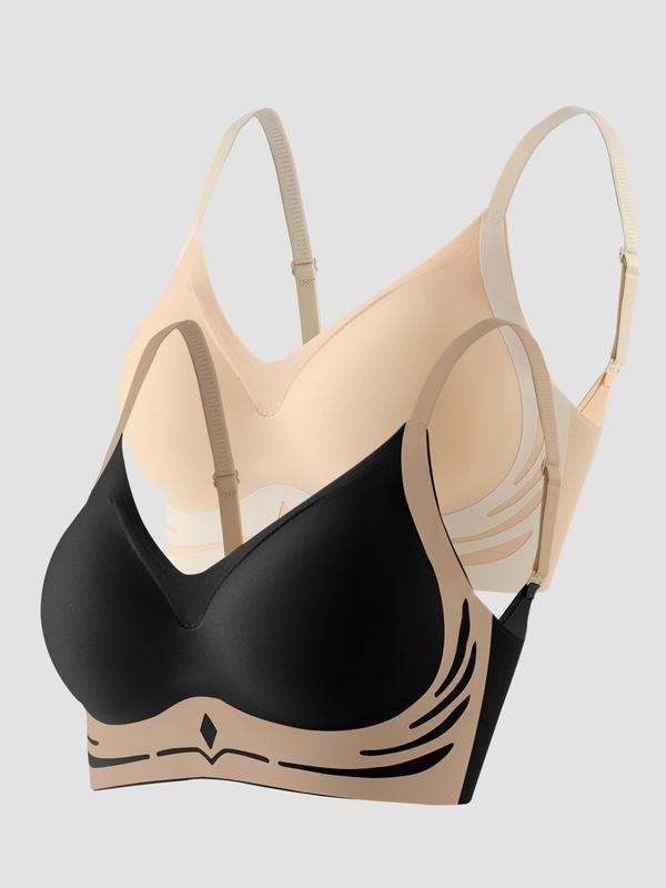 Women's Colorblock Print Wireless Push Up Bra, Adjustable Strap Lingerie Top, Soft Comfortable Breathable Lingerie for Daily Wear