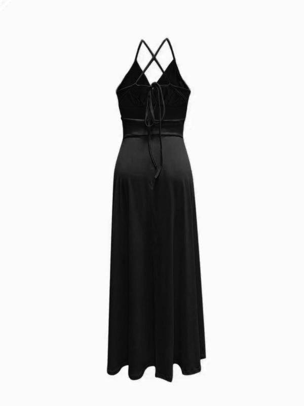 Women's Plain Criss Cross Backless Split Thigh Cami Dress, Elegant Deep V Neck Sleeveless Long Dress for Party Club Dating Wear, Ladies Summer Clothes