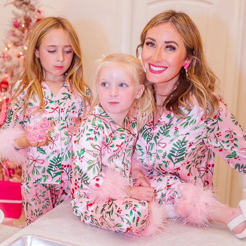 Imcute Mommy and Me Matching Pajamas Christmas Feather Trim Pajama Set 2 Piece Shirt Pants Sleep Sets for Mother Daughter