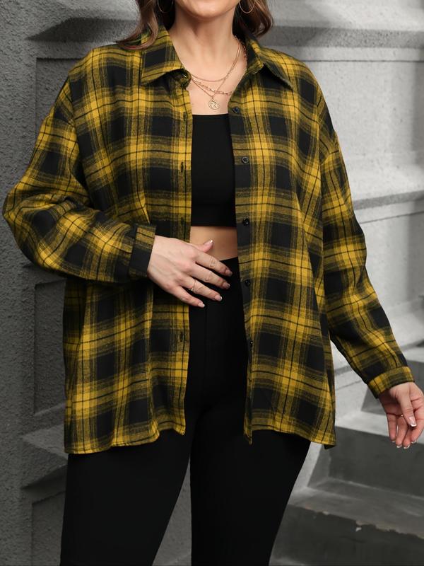 Plus Size Plaid Print Long Sleeve Button Up Shirt, Casual Preppy Button Down Shirts for Spring & Fall Daily Wear, Fall Clothing Women, Women's Button Front Blouse, 2024 New Trendy Classic Tartan College Shirt, Fall Outfits 2024