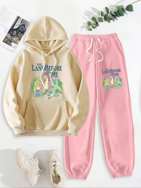 Women's Cartoon Dinosaur Print Drop Shoulder Hoodie & Drawstring Waist Sweatpants Two-piece Set, Fashion Casual Hooded Sweatshirt & Pocket Trousers for Daily Outdoor Wear, Women Clothes for Fall & Winter