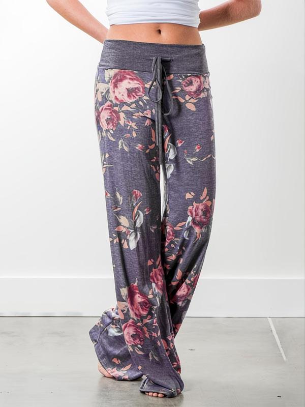 Women's Floral Print Drawstring Waist Wide Leg Pants, Boho Casual Comfy Contrast Binding Trousers for Daily Wear, Women's Bottoms for Spring & Fall