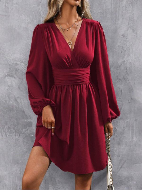 Women's Plain Ruched Wrap V Neck A Line Dress, Elegant Bishop Sleeve Short Dress for Spring & Fall, Women's Clothing for Daily Wear