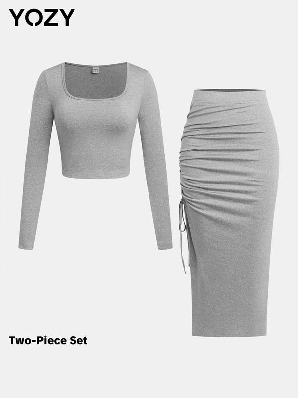 YOZY Two-Piece Set Women's Plain Crop Tee & Ruched Drawstring Skirt, Casual Fashion Cozy Square Neck Long Sleeve Top & Split Hem Bodycon Skirt for Daily Outdoor Wear, Ladies Clothes for All Seasons