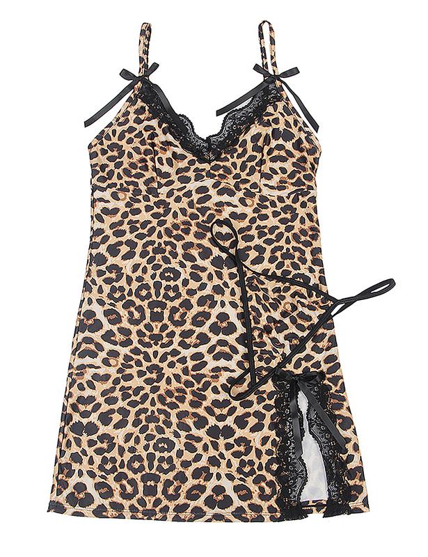 ohyeah Leopard Print Lingerie for Women Plus Size Lace Babydoll V Neck Teddy Dresses Sleepwear Nightgown Christmas Giftideas Christmasgift