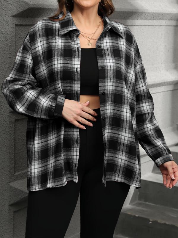 Plus Size Plaid Print Long Sleeve Button Up Shirt, Casual Preppy Button Down Shirts for Spring & Fall Daily Wear, Fall Clothing Women, Women's Button Front Blouse, 2024 New Trendy Classic Tartan College Shirt, Fall Outfits 2024