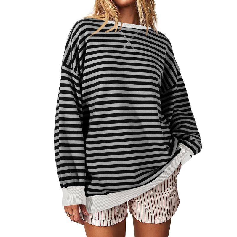 Fisoew Womens Striped Oversized Sweaters Color Block 2024 Fall Trendy Crew Neck Puff Sleeve Tunic Sweater