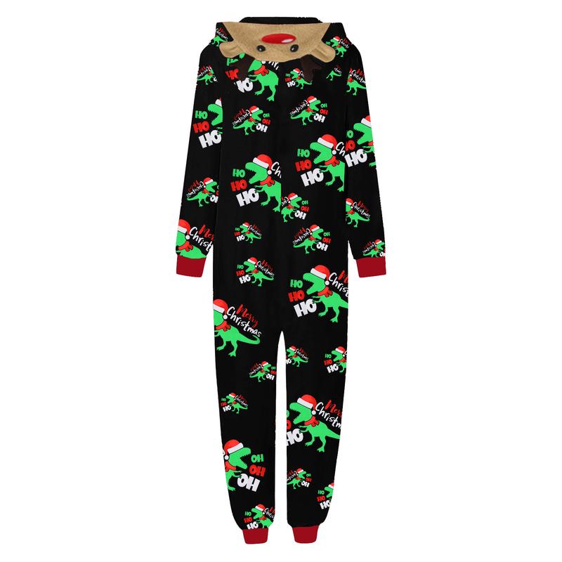 Christmas Family Matching Jumpsuit, Long Sleeve Hooded Dinosaur Print Zipper Closure Loungewear