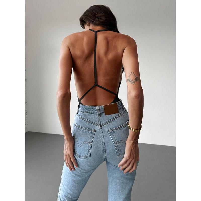 Minimalist Commuter Young Casual Holder Backless Skinny Apricot Women Bodysuit camisole top sexy tights Women's Sexy Sleeveless Leotard Bodysuit