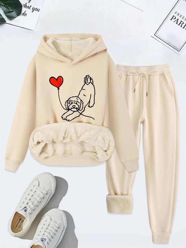 Women's Heart & Dog Print Hoodie & Drawstring Waist Sweatpants Thermal Lined Set, Casual Long Sleeve Hooded Sweatshirt & Pocket Jogger Pants, Women's Fall & Winter Clothes